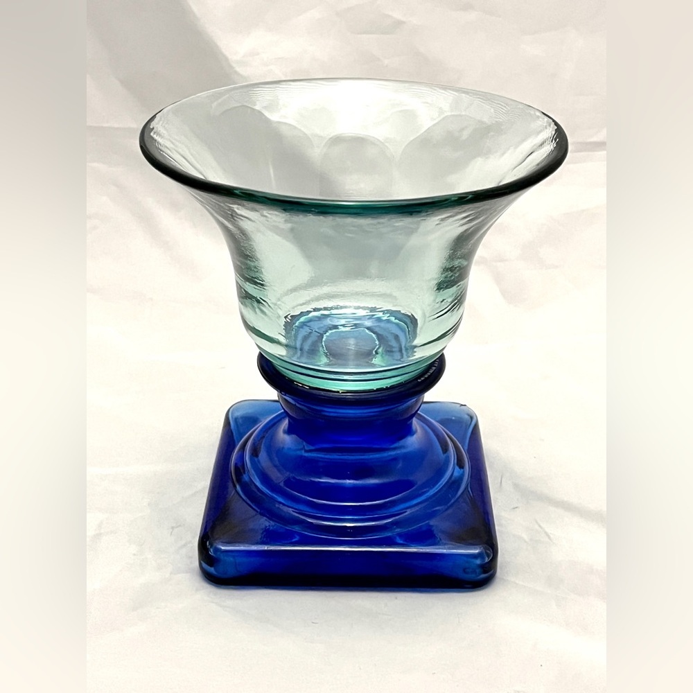 Vidrios San Miguel Recycled Glass Cobalt Blue Pedestal Candle Holder Spain, EUC